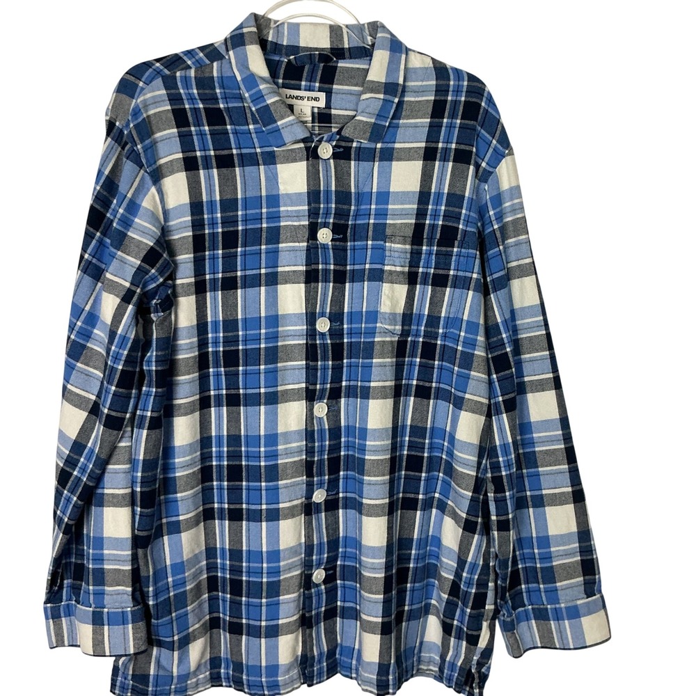 Lands' End Flannel Pajama Top Mens L Blue Plaid Long Sleeve Button Down 536072